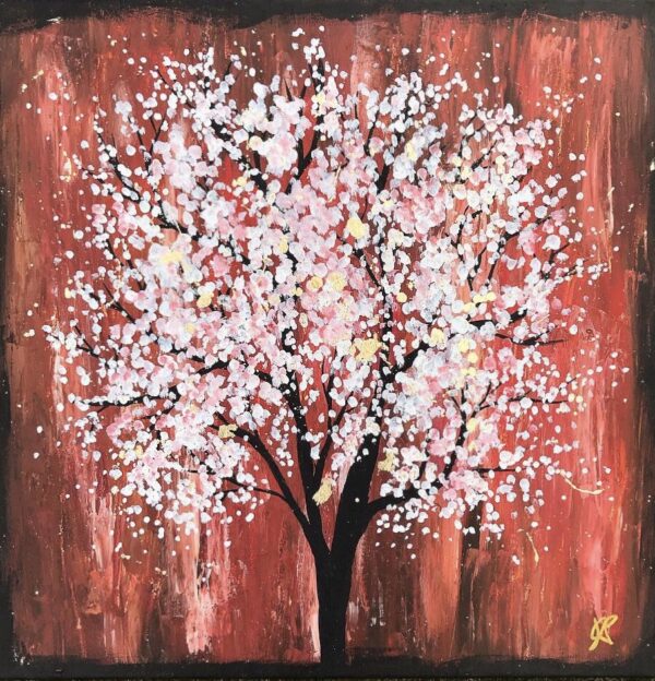 Abstract blossom tree painting on red background