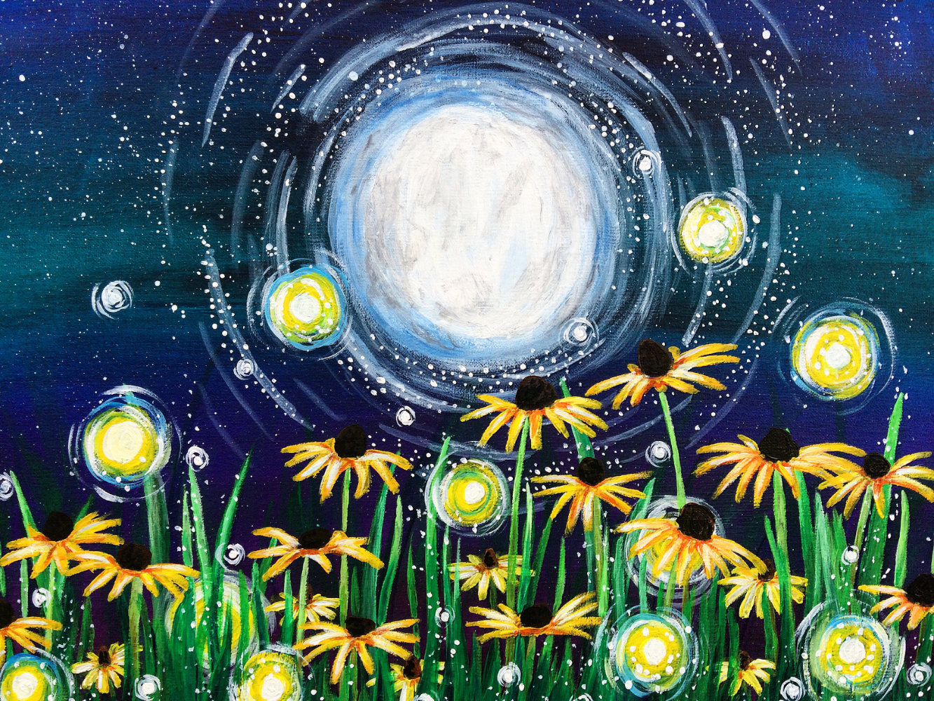 Whimsical daisy field painting with full moon